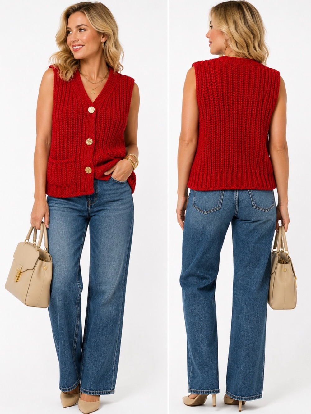Comment Red Chunky Knit Button-Front Sweater Vest Small